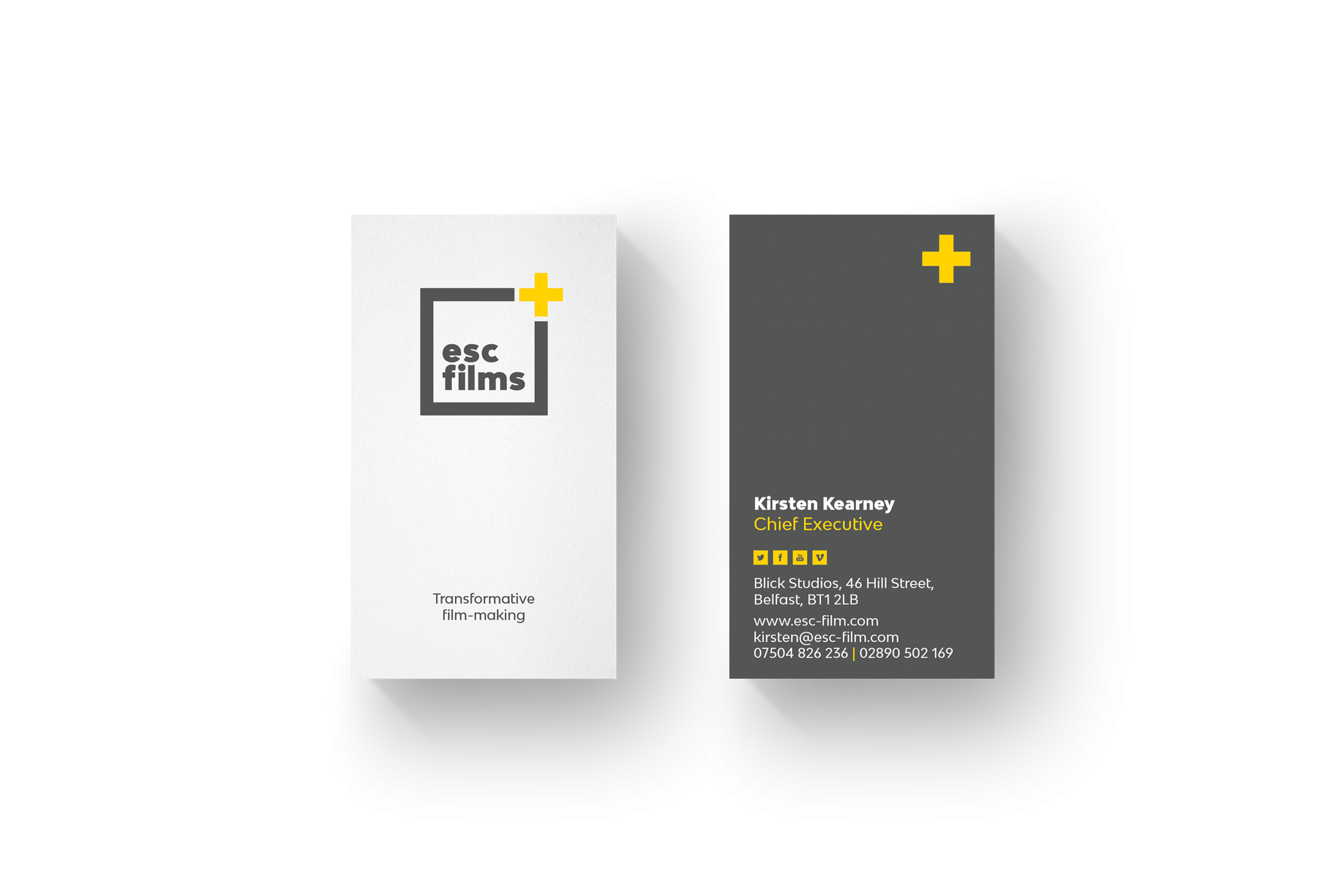one white one grey business card with esc films logo and details