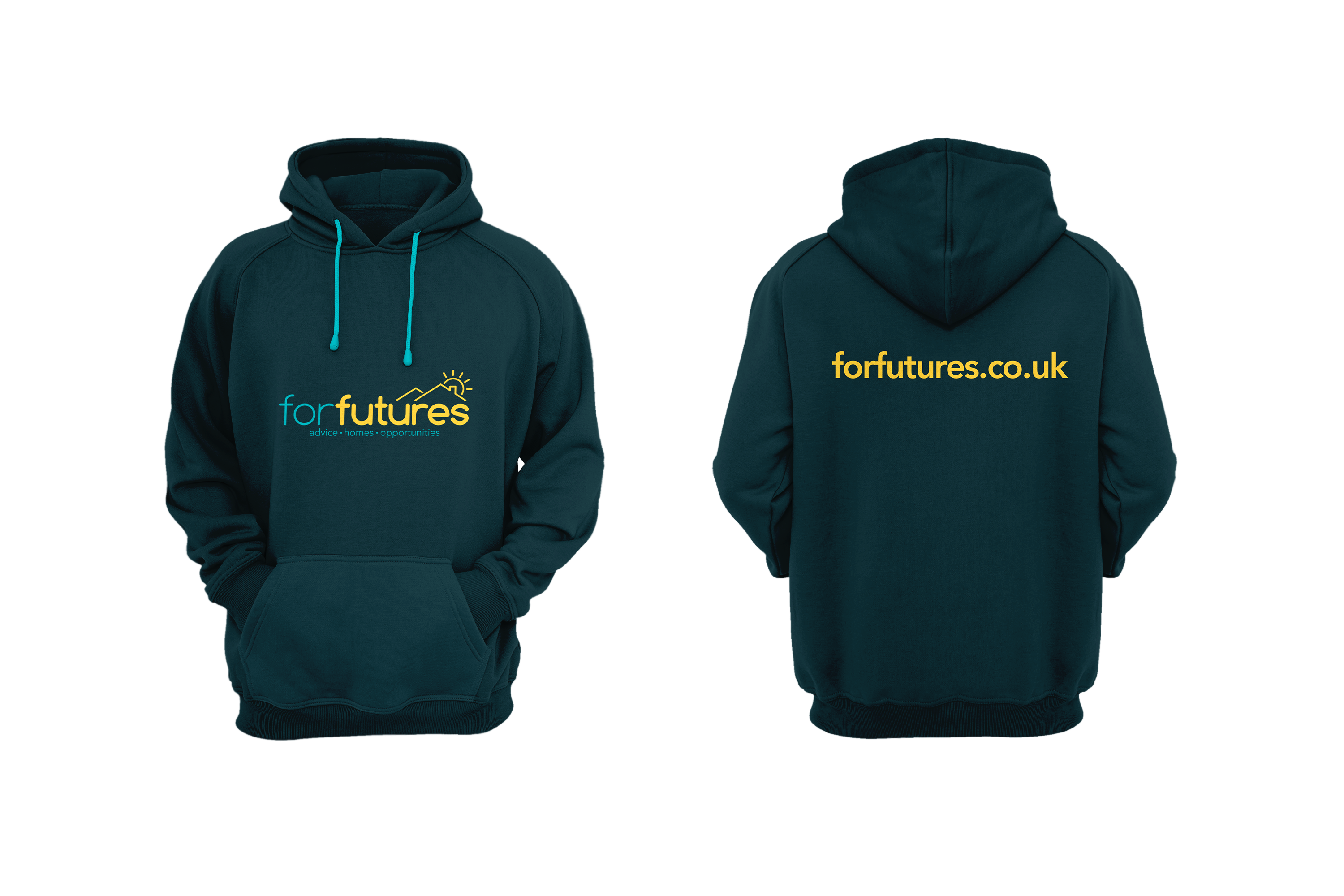 front and back of dark blue green hoody with forfutures logo on front and the web address forfutures.co.uk on the back