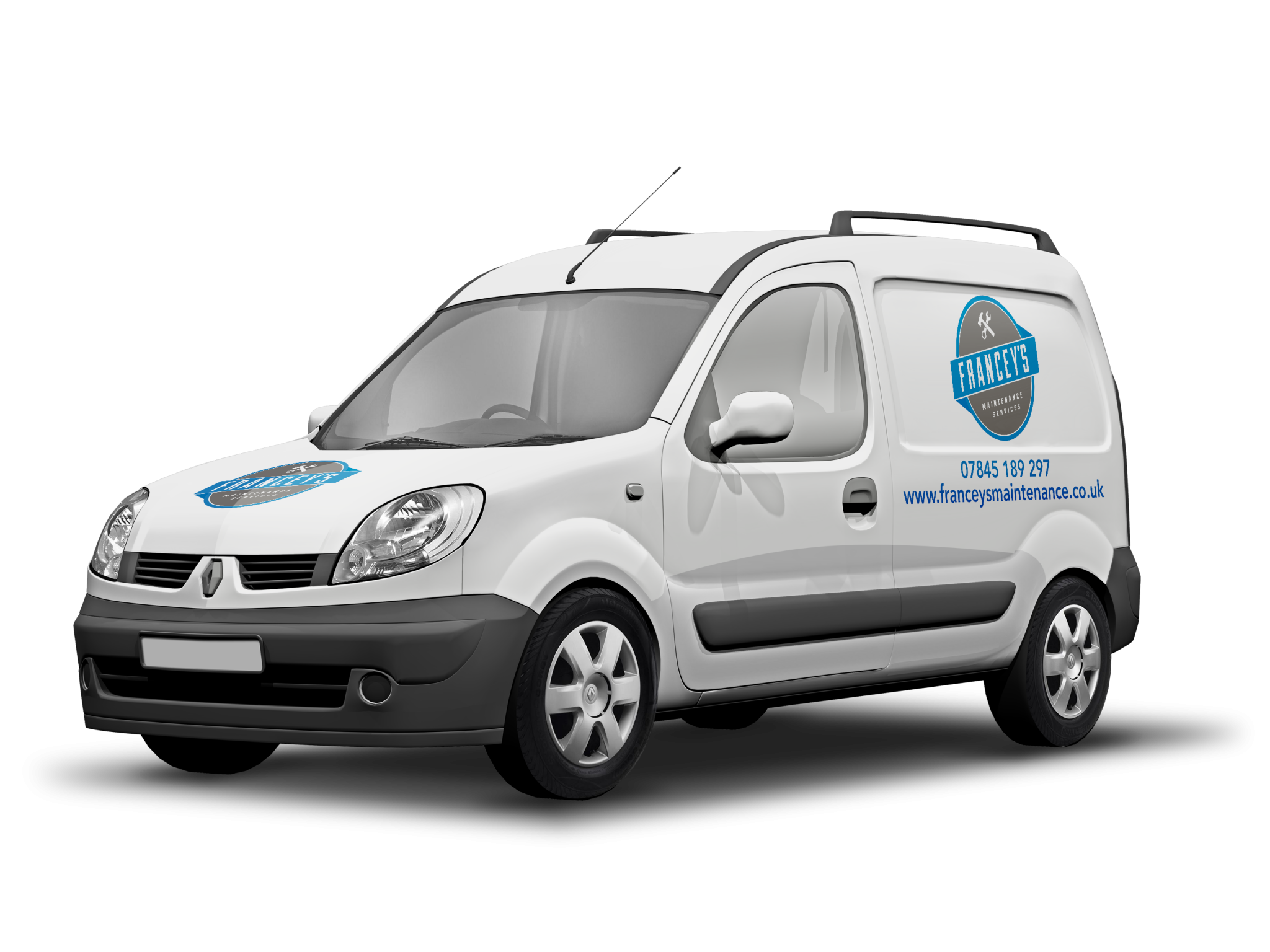 Small white van with logo of Francey's Maintenance on bonnet and side panel