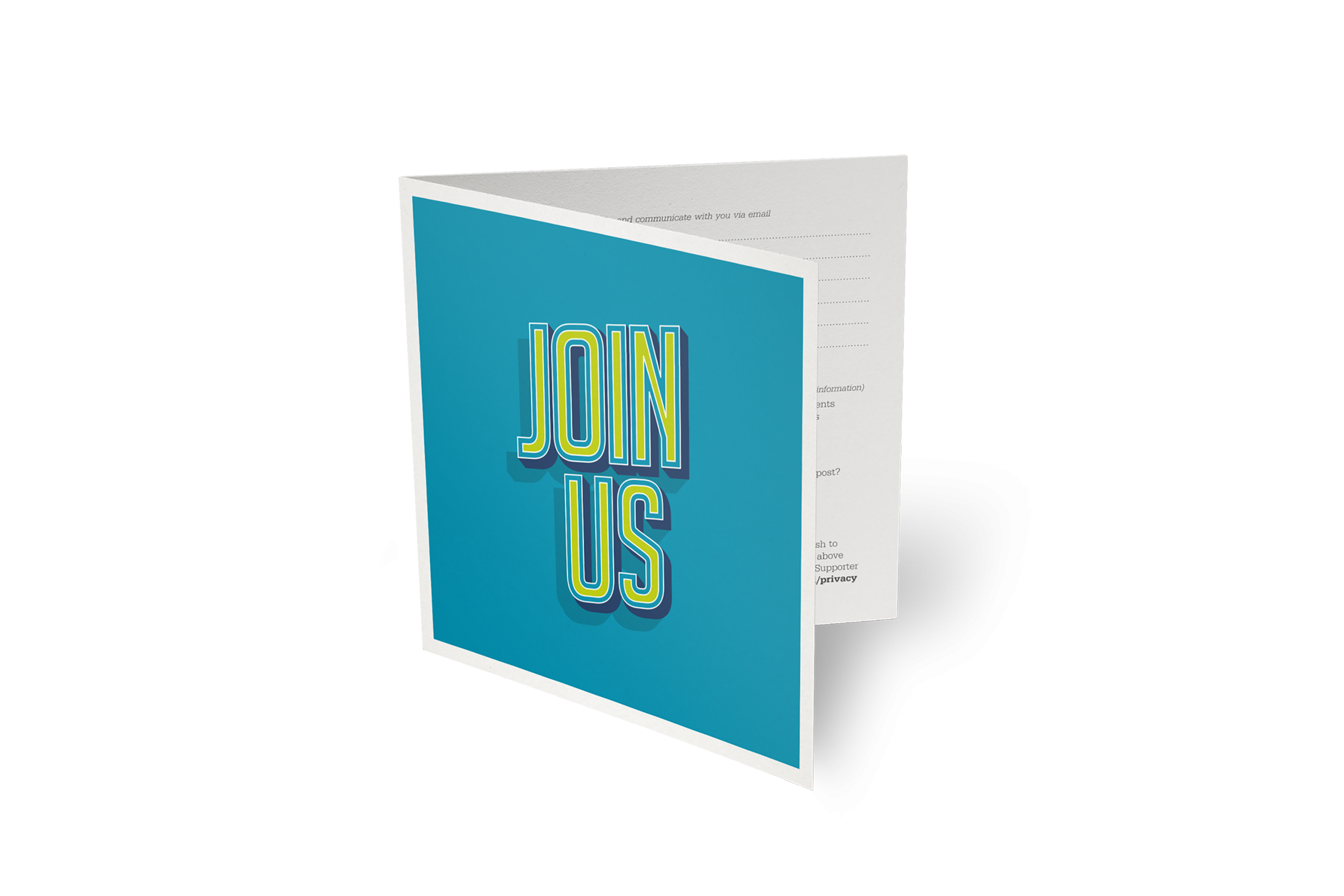 square folded leaflet with 'Join Us' printed on blue background