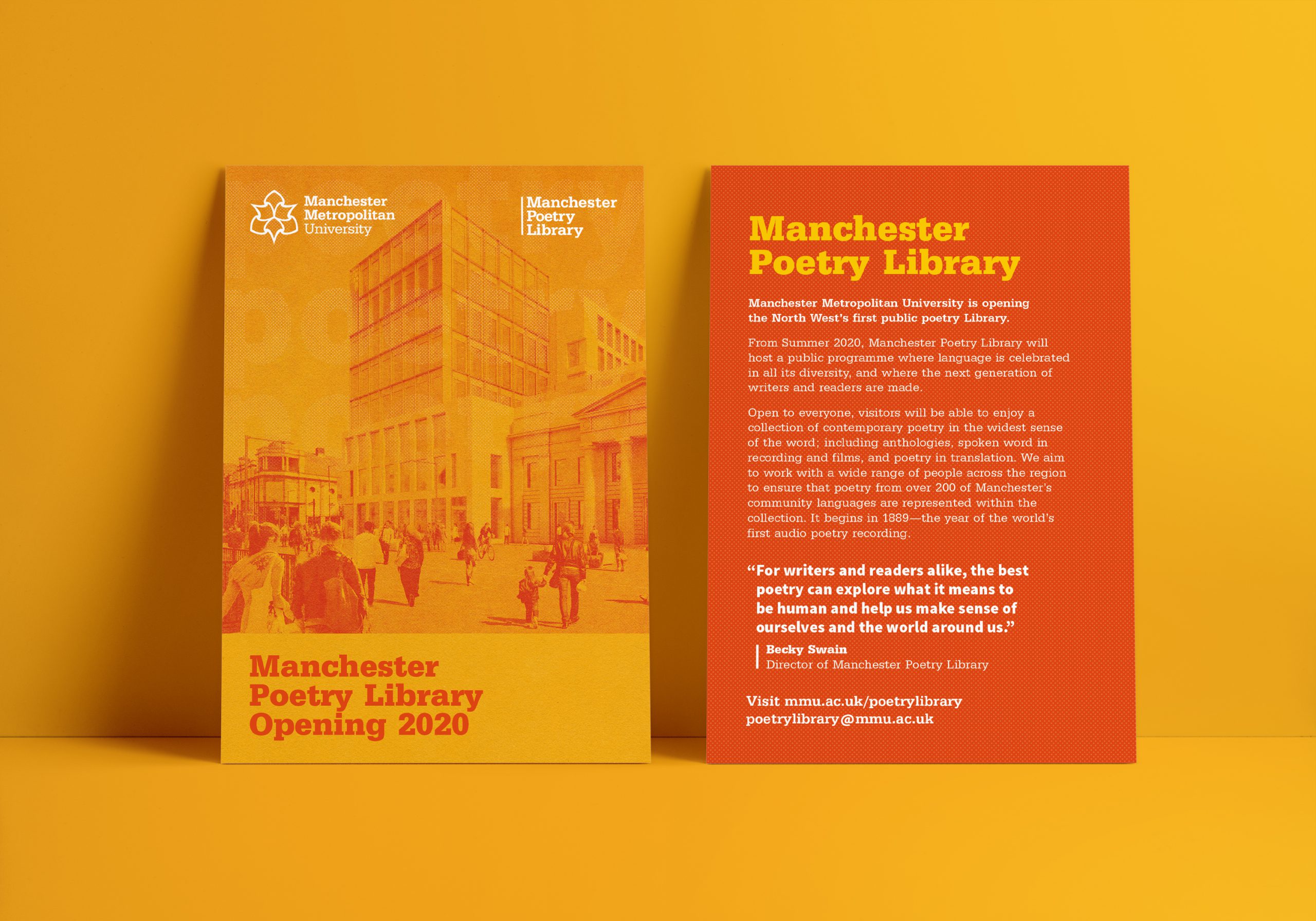 front and back of orange and yellow flyer propped against a yellow wall showing manchester poetry library and a building with crowds of people infront of it