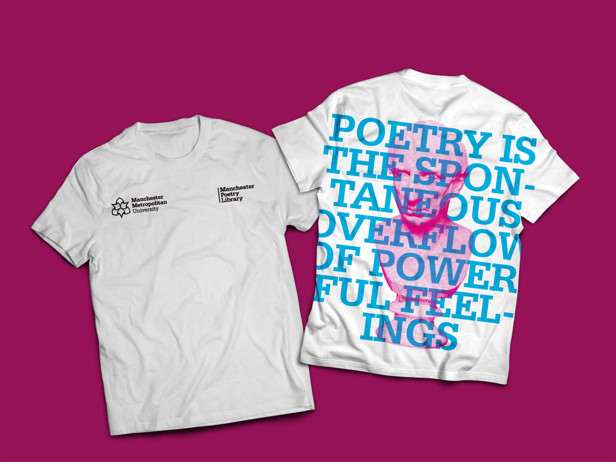White tshirt front and back on pink background with print of pink bust of wordsworth and the words 'poetry is the spontaneous overflow of powerful feelings'