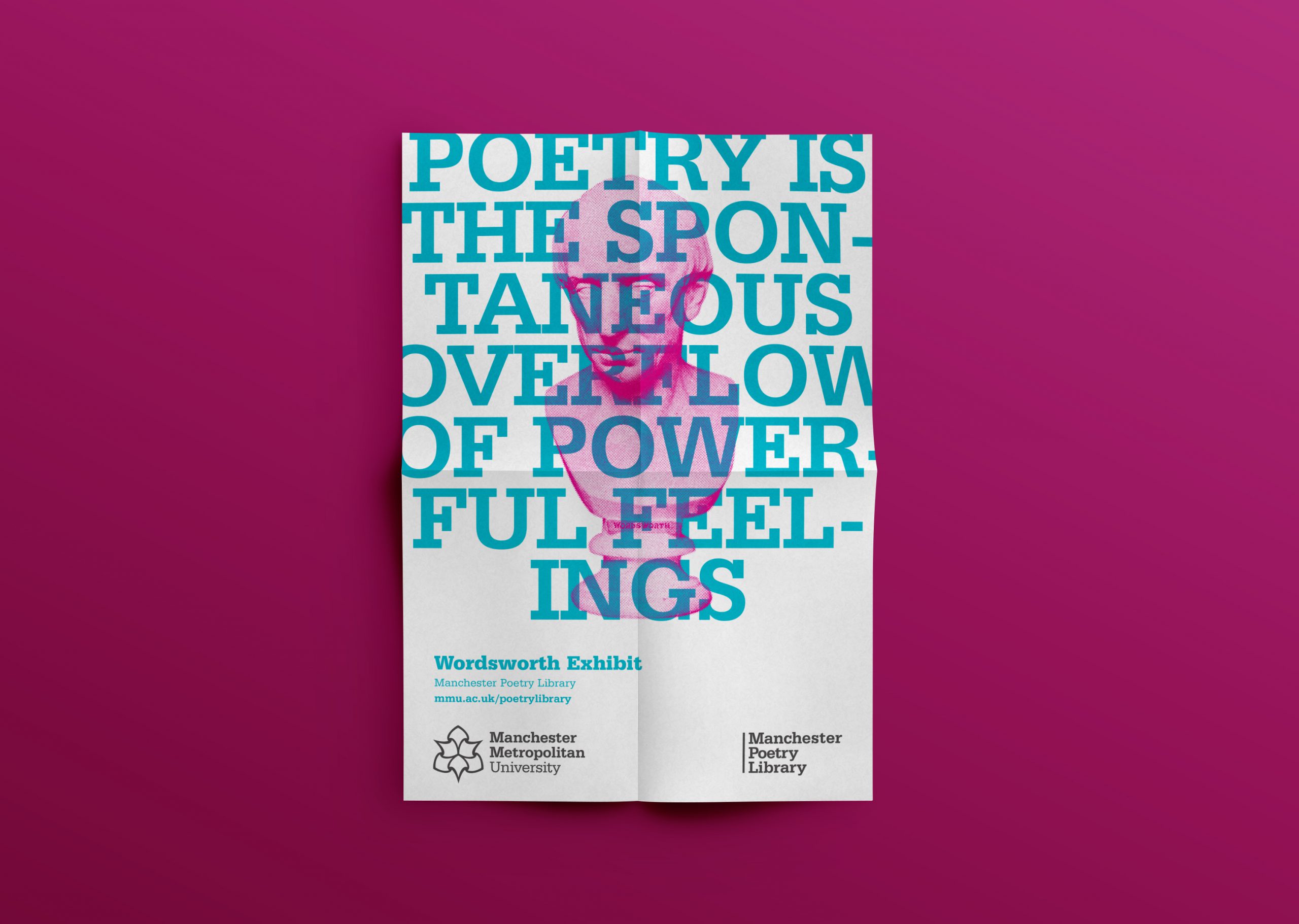 poster with print of pink bust of wordsworth and the words 'poetry is the spontaneous overflow of powerful feelings'