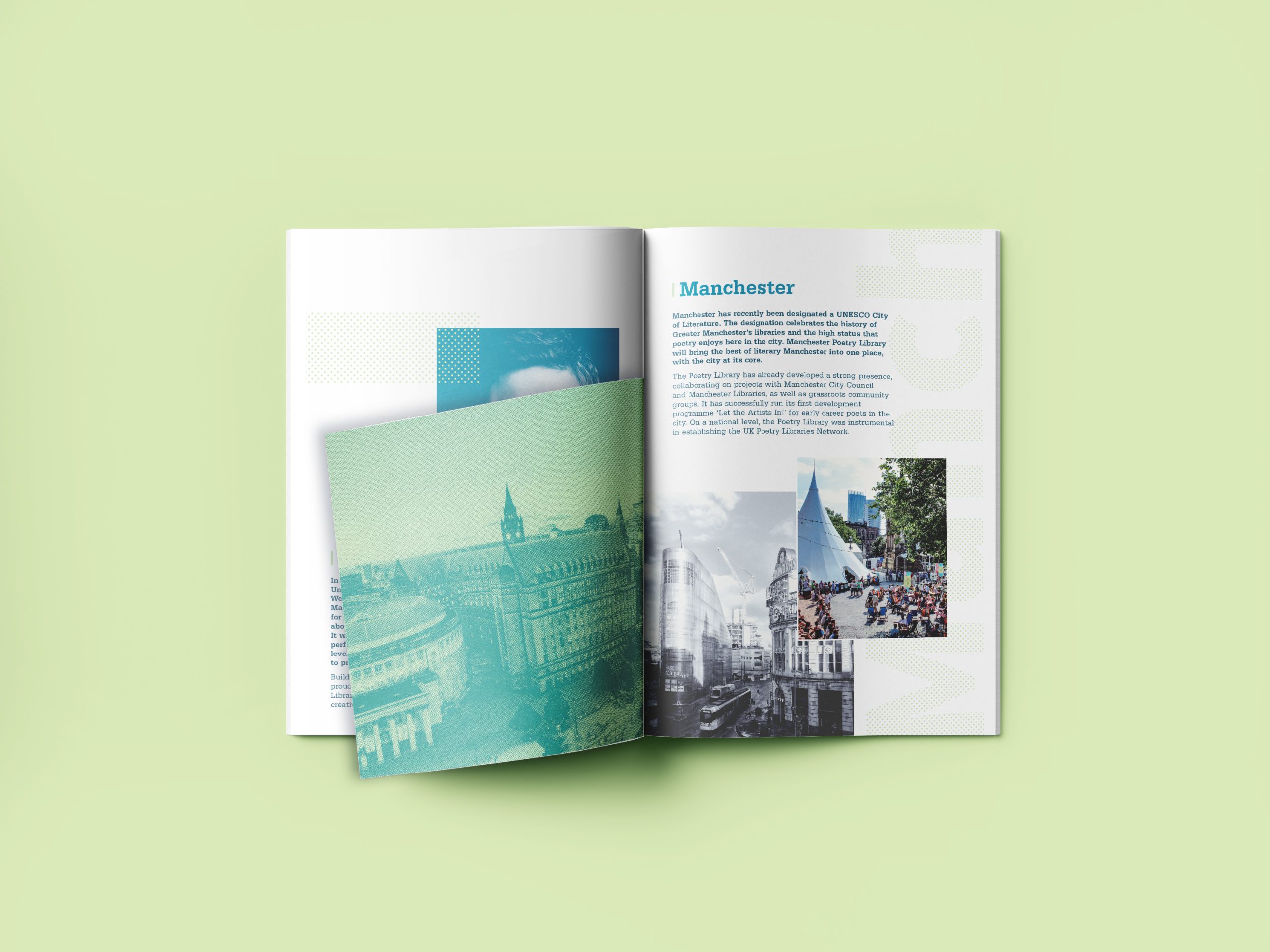 inside of brochure with different sized pages on light green background
