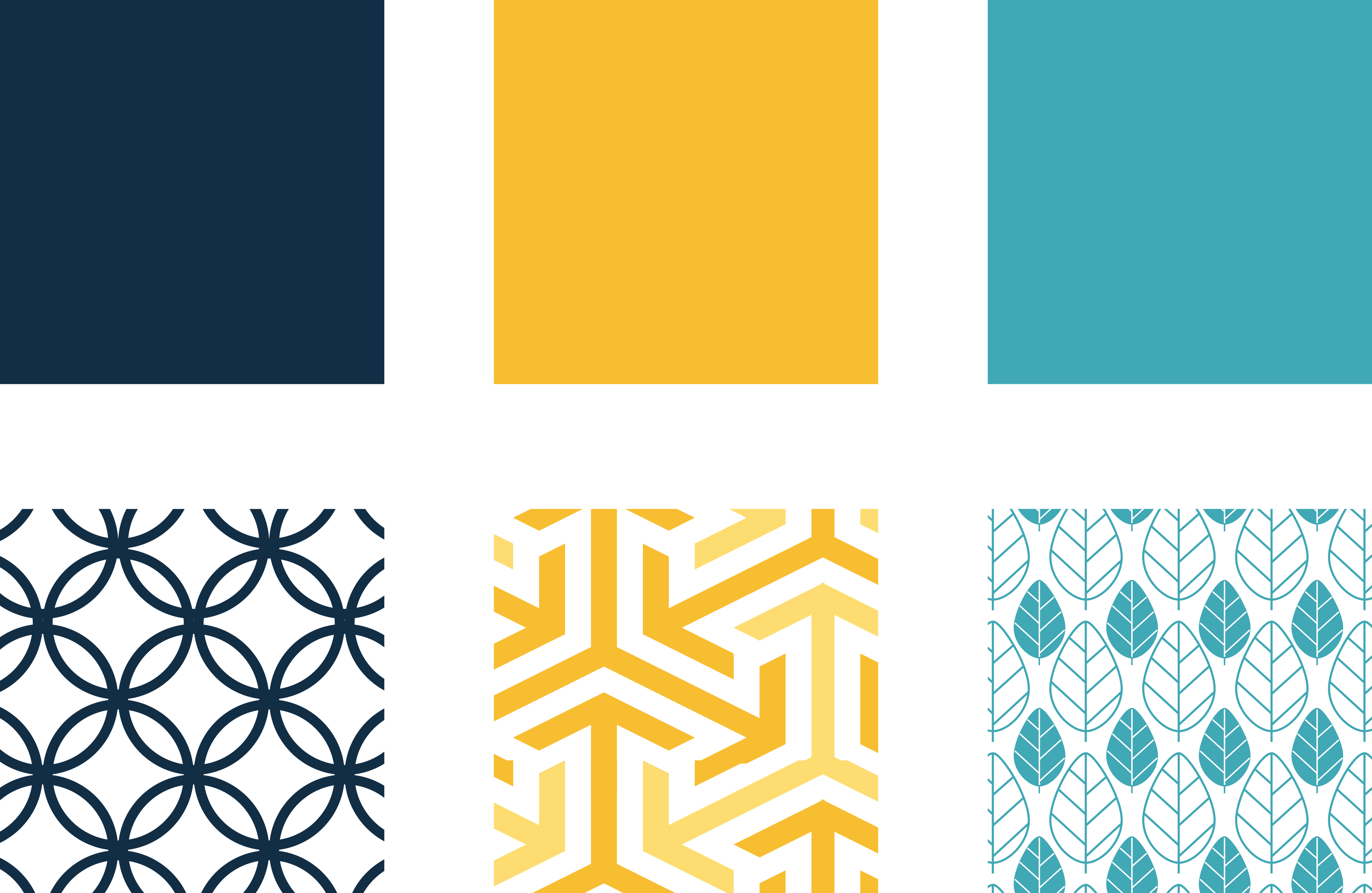 Swatches with navy, yellow and light blue and also contemporary geometric patterns in the same colours