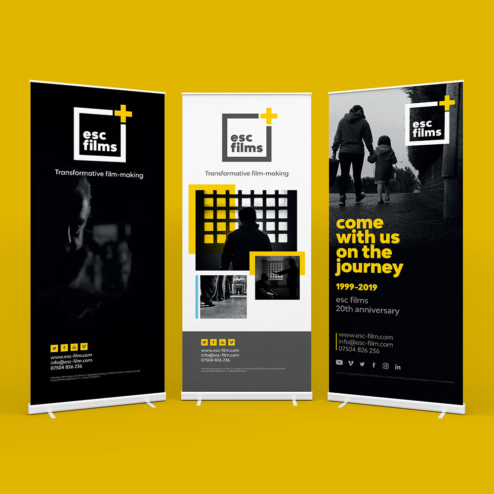 Three roll up banners on yellow background, advertising events for esc films