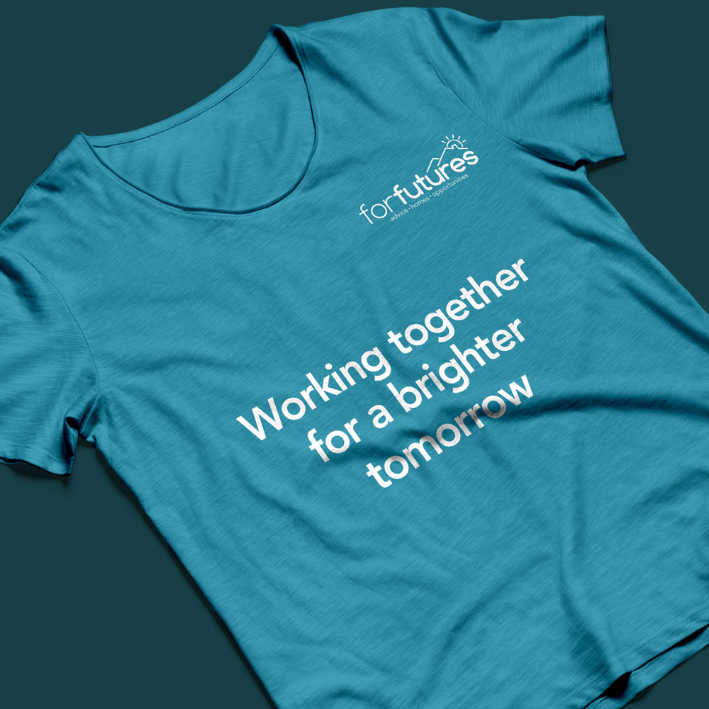 blue tshirt with forfutures charity branding on it and words 'working together for a brighter tomorrow'