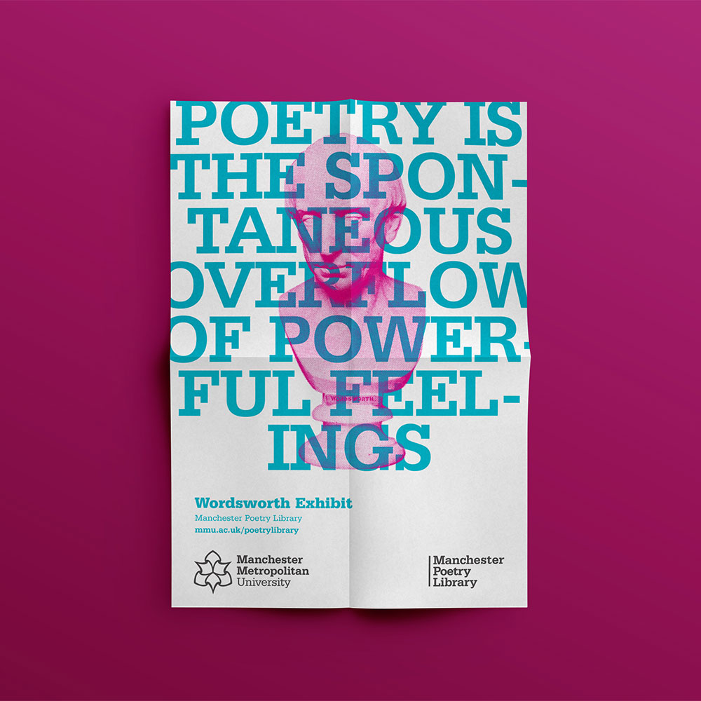 White poster with pink bust of Wordsworth covered with blue text reading 'Poetry is the spontaneous overflow of powerful feelings'