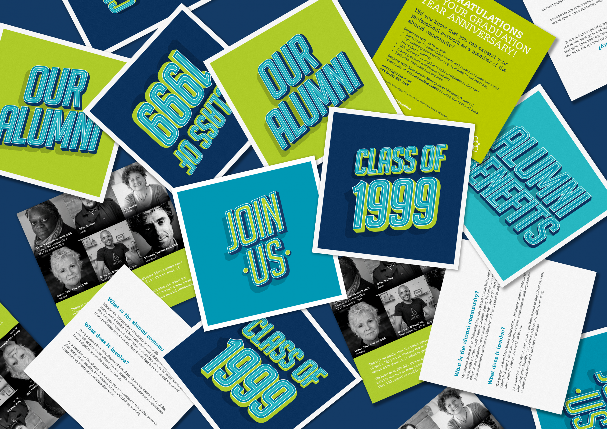 Lots of square, green, blue and navy leaflets scattered on surface, with 'Class of 199' and 'Our Alumni' text