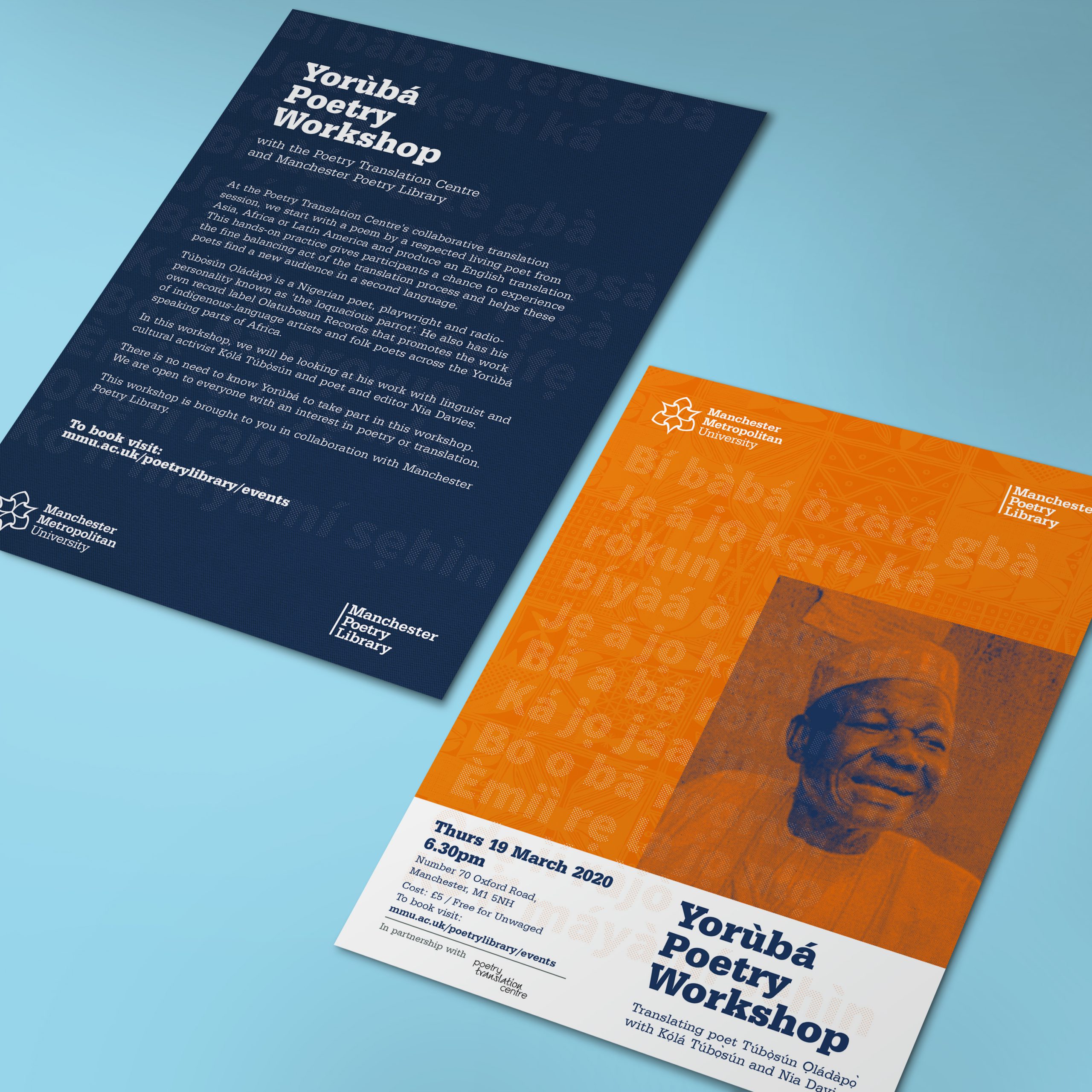 orange leaflet with african type pattern advertising Yoruba Poetry Workshop