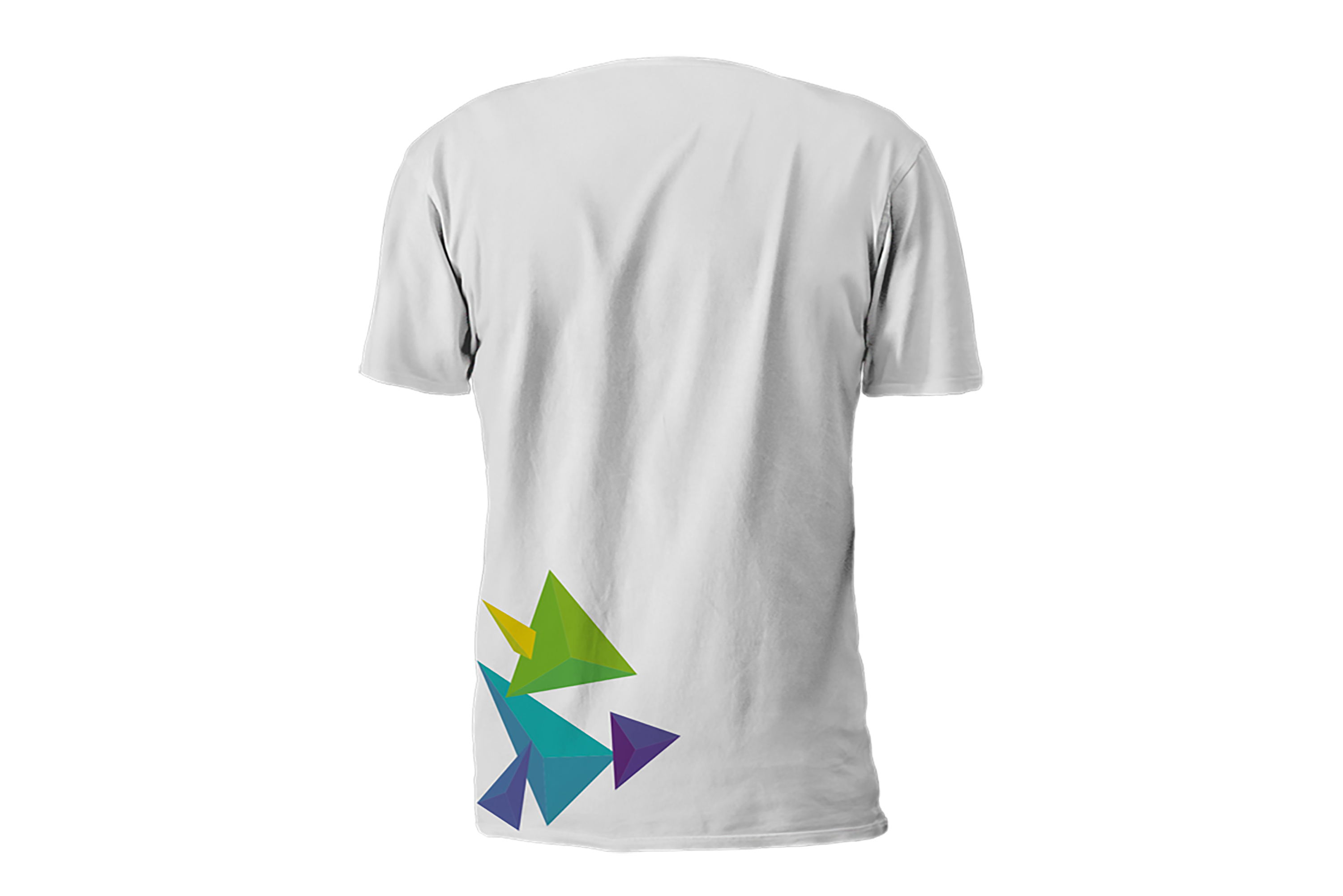 white tshirt back view with colourful graphics of 3d like triangles