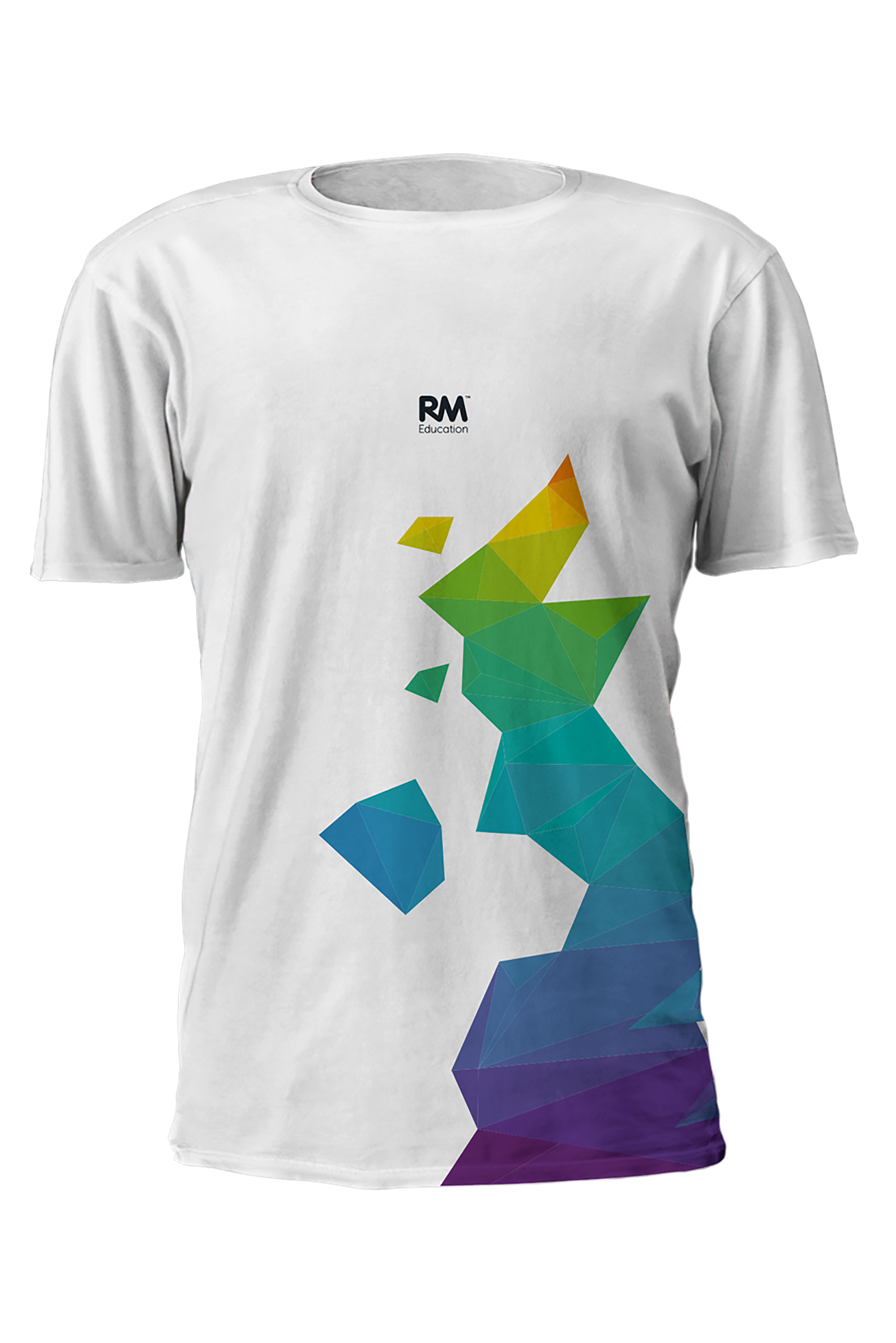 white tshirt front view with colourful graphic of map of UK and RM Education logo