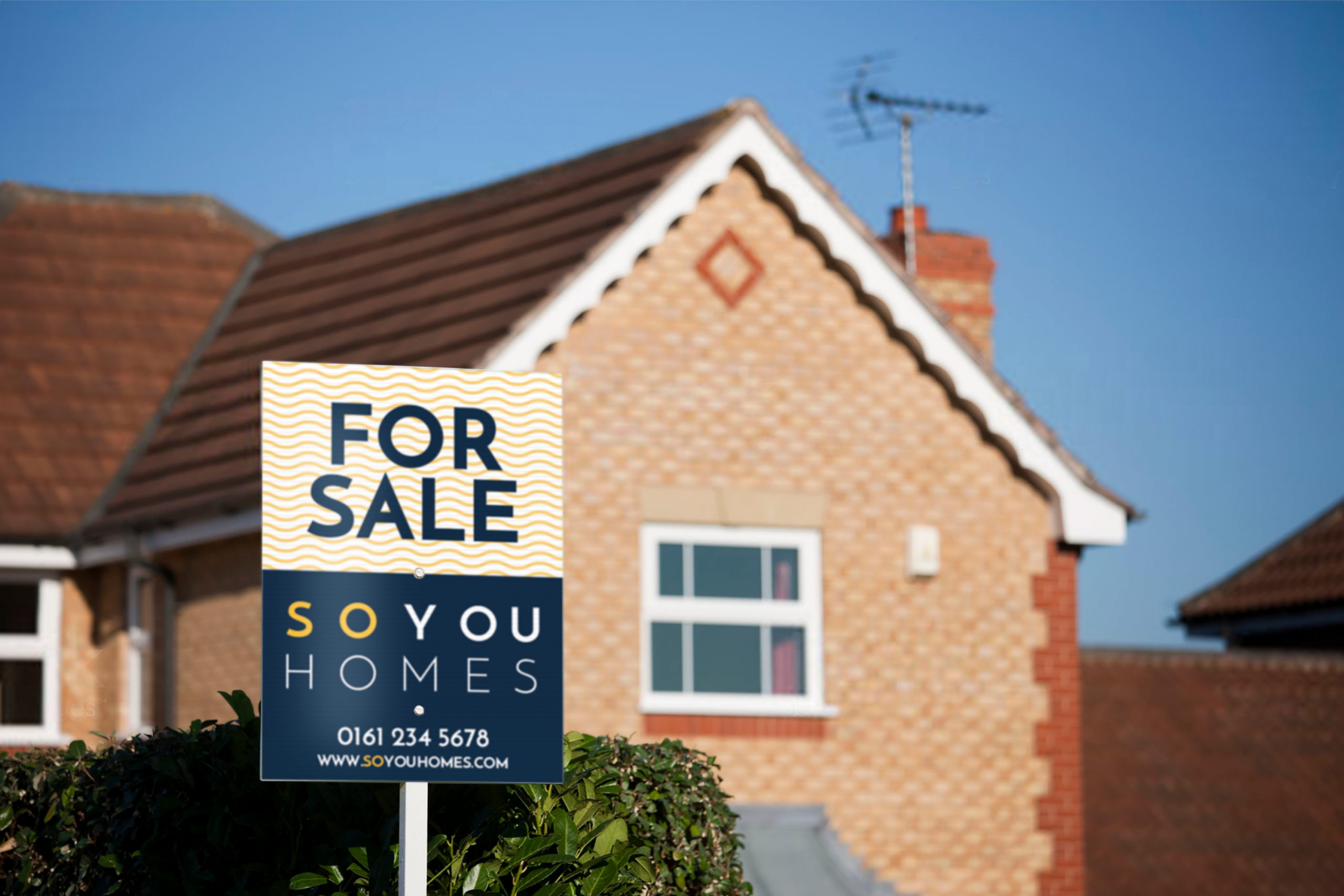 So You Homes For Sale Sign with patterned background, infront of house