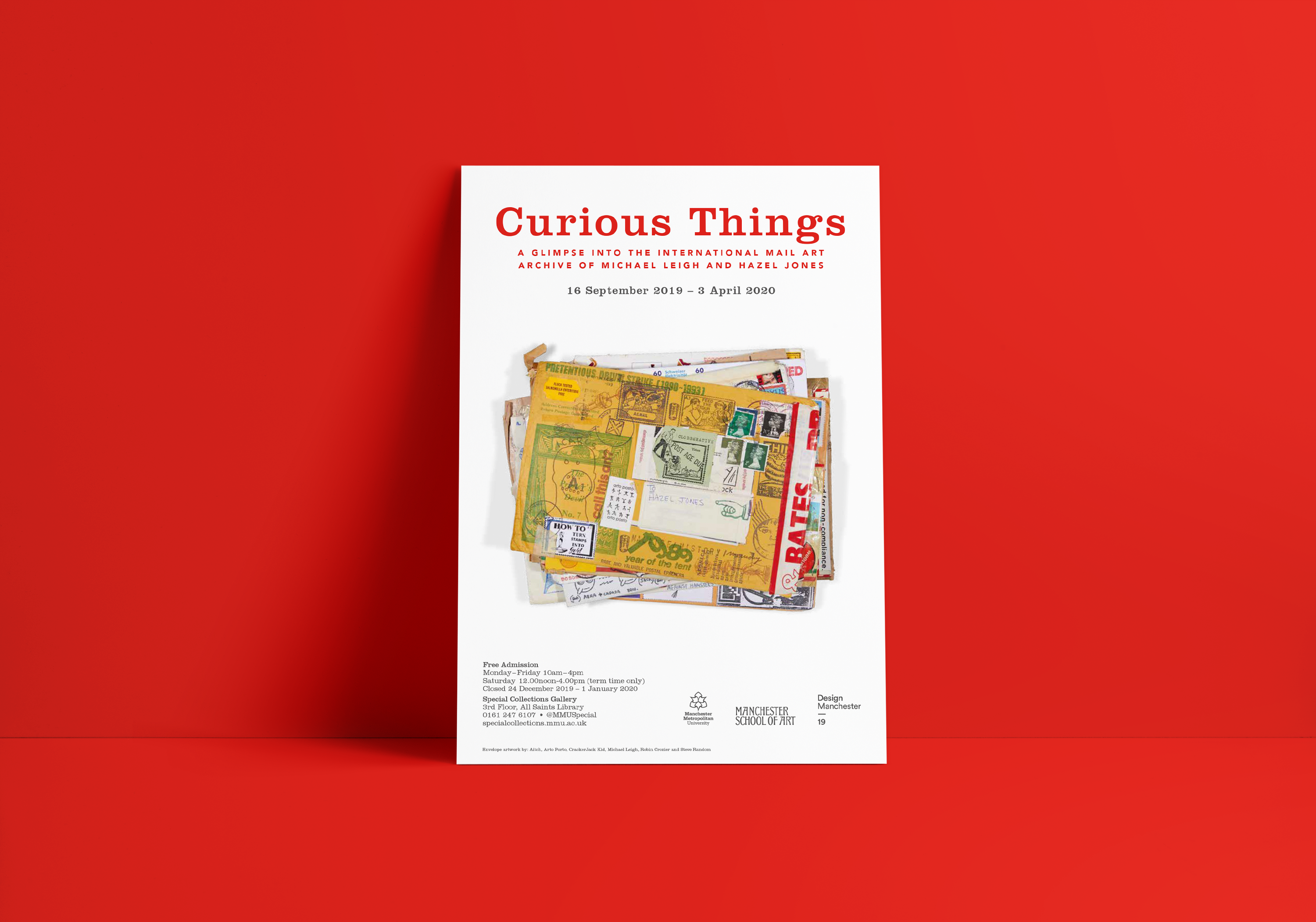 White poster with stack of mail art envelopes and words advertising Curious Things exhibition on red background