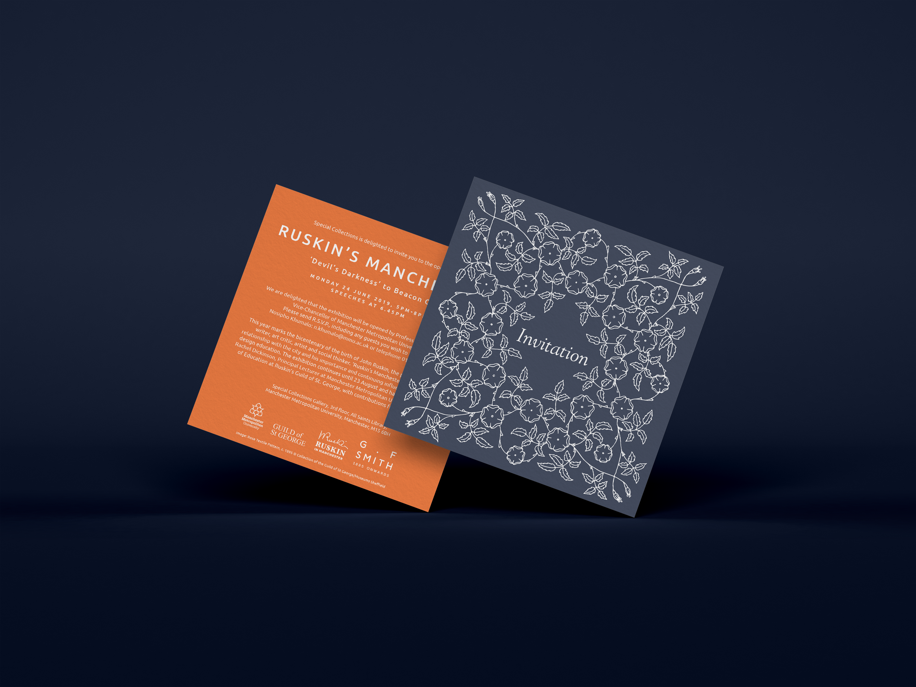 square invites, one side dark blue with floral pattern and word 'invitation' and the reverse orange with text about Ruskins Manchester exhibition