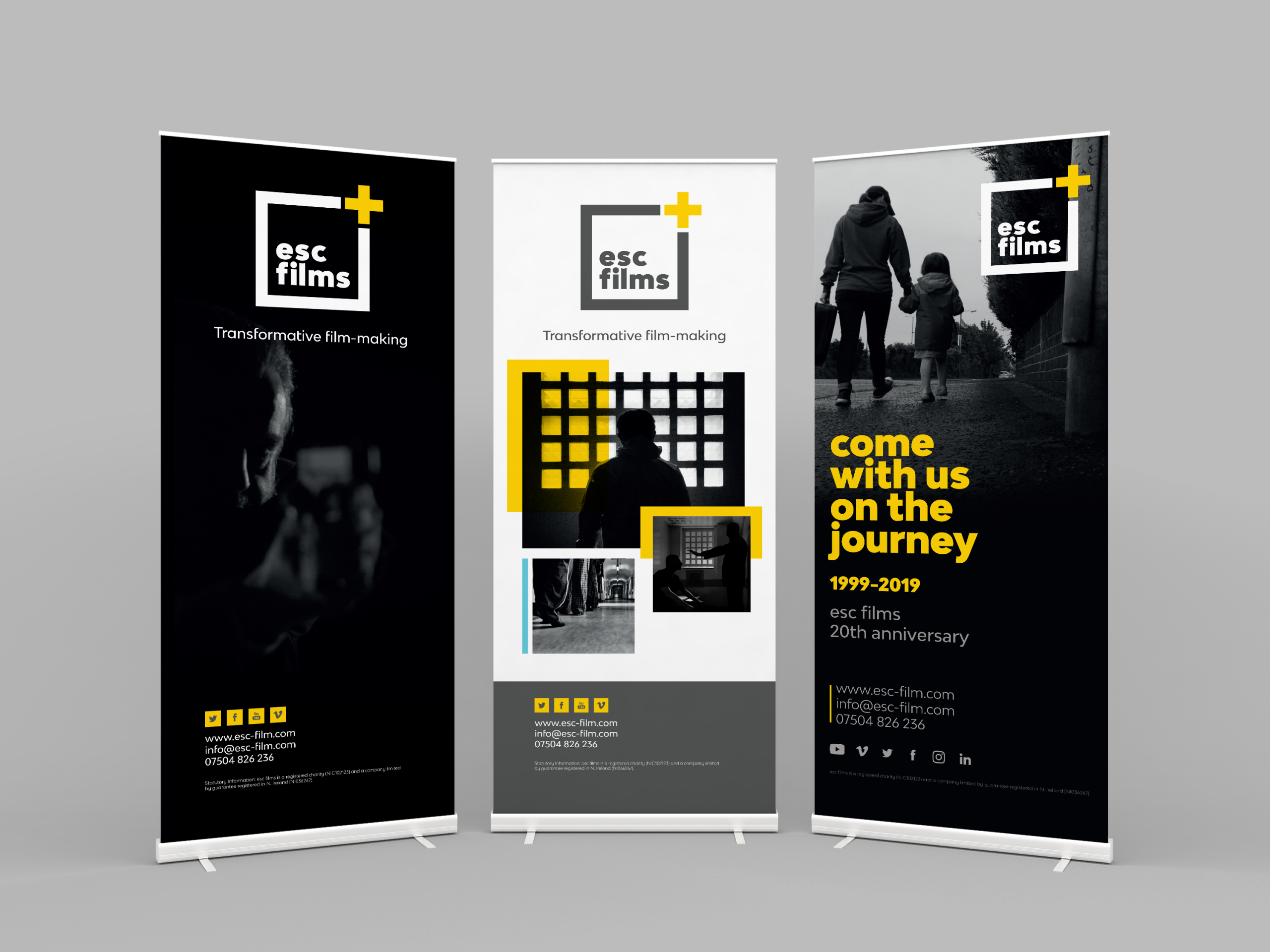 Three roll up banners, advertising events for esc films