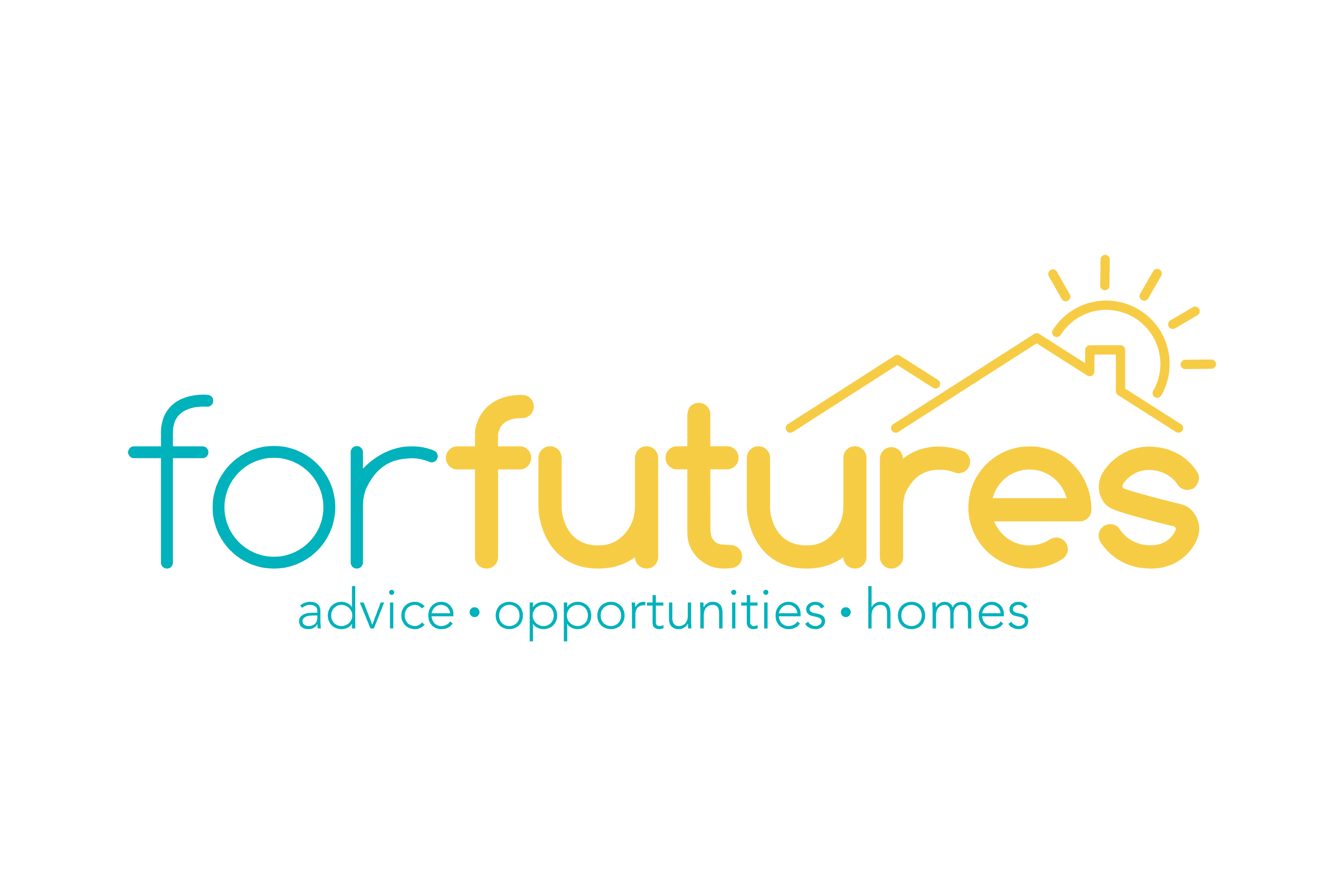 blue and yellow logo for forfutures, showing rofotops with sunrising over and the words 'advice, opportunities, homes'