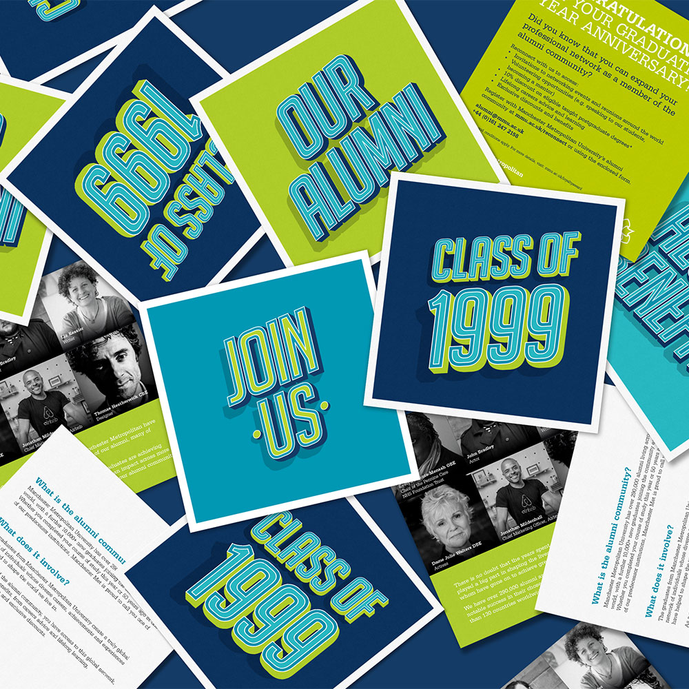 Lots of square, green, blue and navy leaflets scattered on surface, with 'Class of 199' and 'Our Alumni' text
