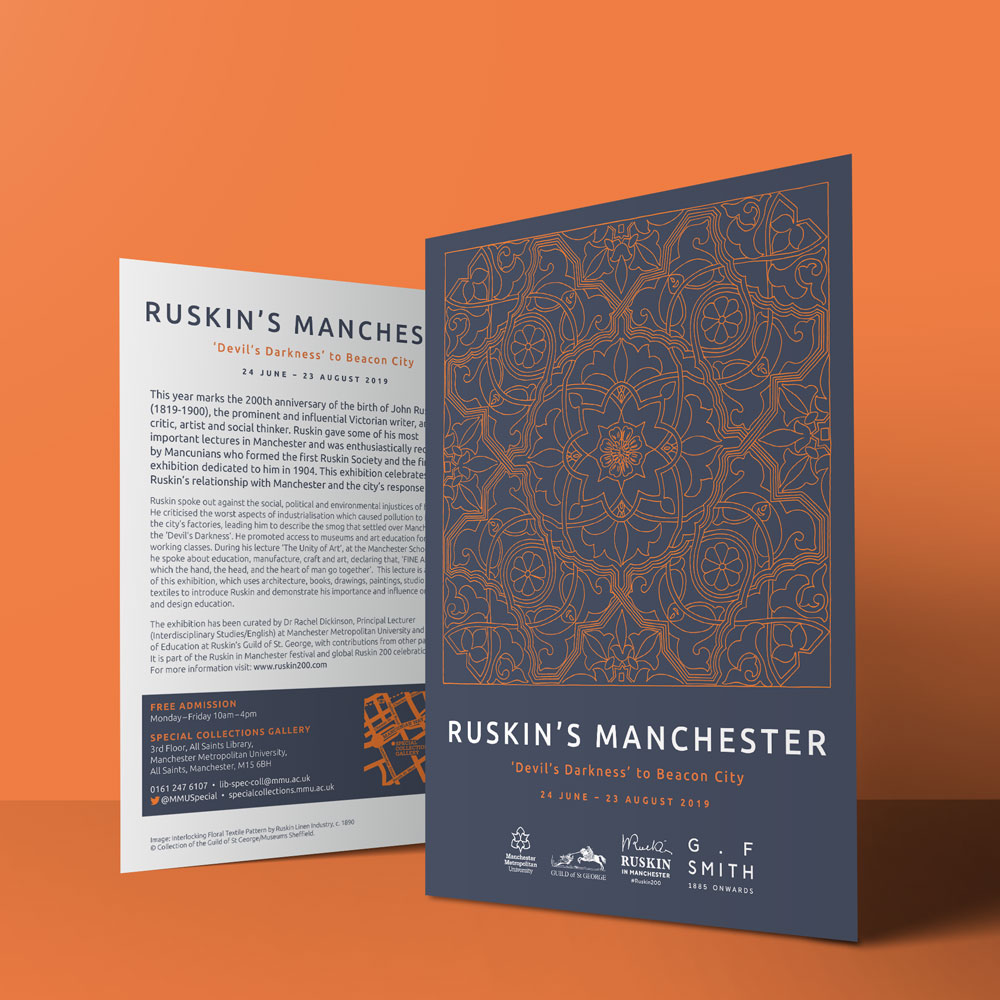 front and back of navy leaflet with orange pattern, advertising Ruskin's Manchester exhibtion